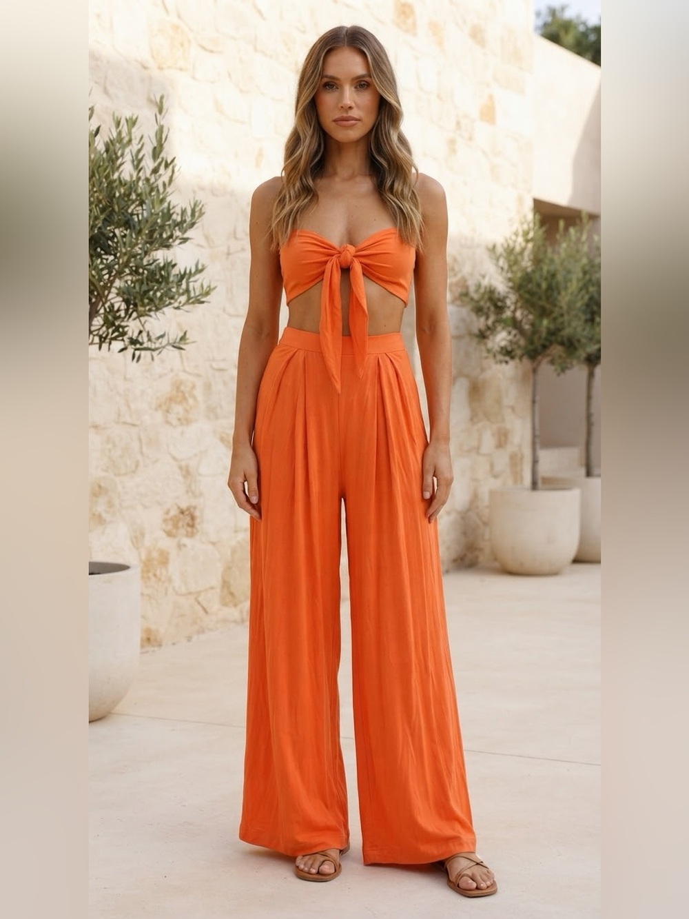Women’s Orange Tory Two Piece with Self-Double Layer Wide Leg Pants XL